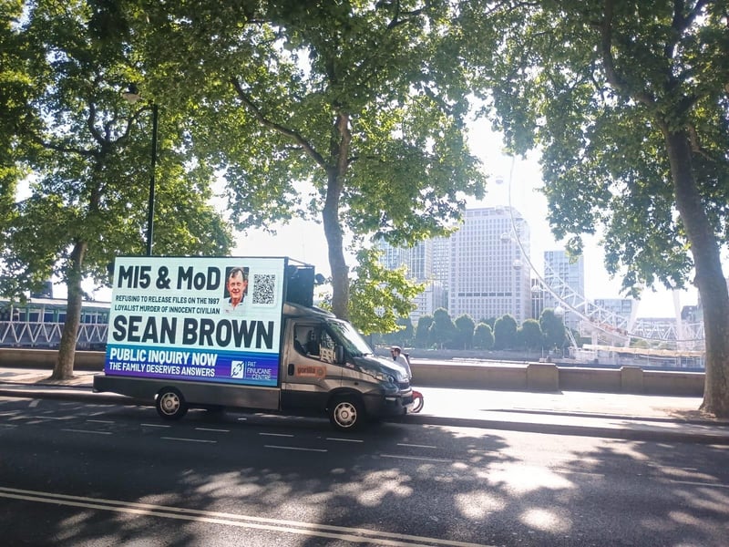 A billboard drawing attention to the Sean Brown campaign has been circulating in central London this week.