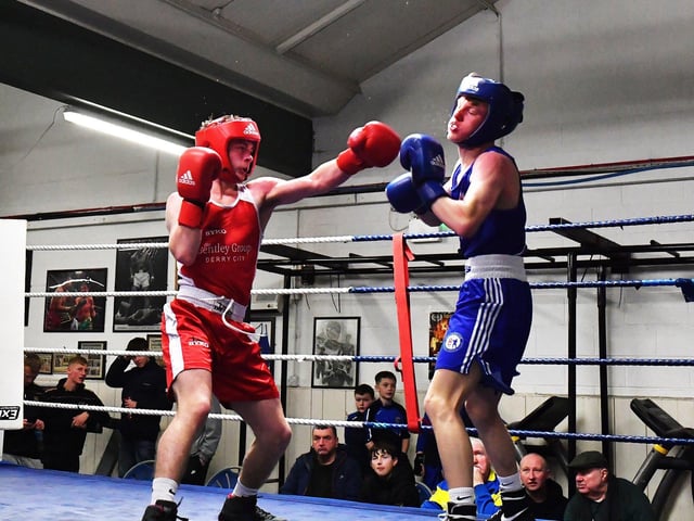 Liam Robinson , Oakleaf v Sonny Price, Coleraine. Photograph: George Sweeney