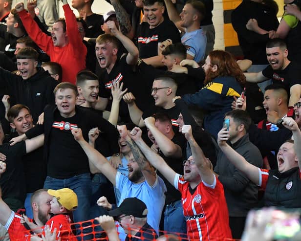 Fans celebrate Derry Cty’s Europa Conference League win against  HB Torshavn, at the Brandywell last season. Photo: George Sweeney. DER2329GS – 53