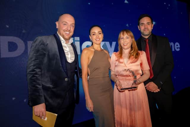Spirit of Health winner Dr. Vicky Cochrane with local actors, Aaron McCusker and Karen Hassan. Also pictured is Kieran McCormick from category sponsor, Balmoral Healthcare (left).