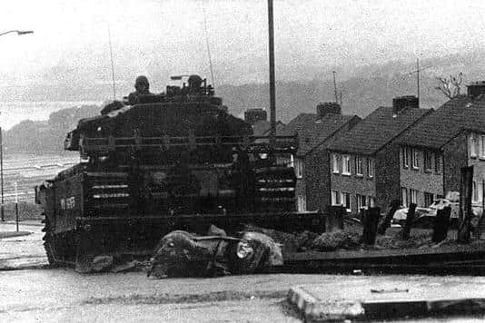 British soldiers in a Centurion tank making their way through Creggan during Operation Motorman.