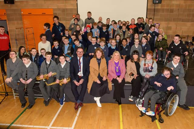Derry City and Strabane District Council Mayor, Councillor Sandra Duffy visited Ardnashee School and College where she met some of the pupils, was entertained by the school choir, took part in a Q&A before visiting the site of the new school which is under construction on the Northland Road. Picture Martin McKeown 24.02.23