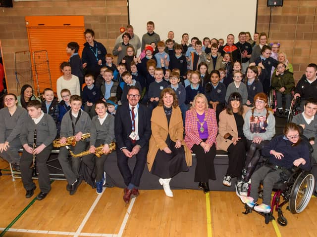 Derry City and Strabane District Council Mayor, Councillor Sandra Duffy visited Ardnashee School and College where she met some of the pupils, was entertained by the school choir, took part in a Q&A before visiting the site of the new school which is under construction on the Northland Road. Picture Martin McKeown 24.02.23
