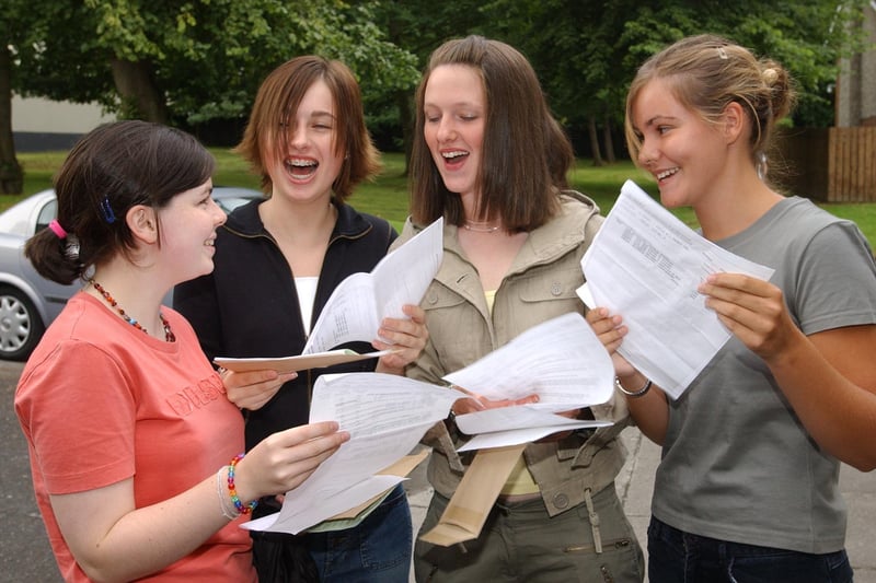 Smiles all round for, from left, Emma Thatcher, Joanne Clarke, Deborah Steele and Rachel Moran at Foyle and Londonderry College as they pick up their GCSE results