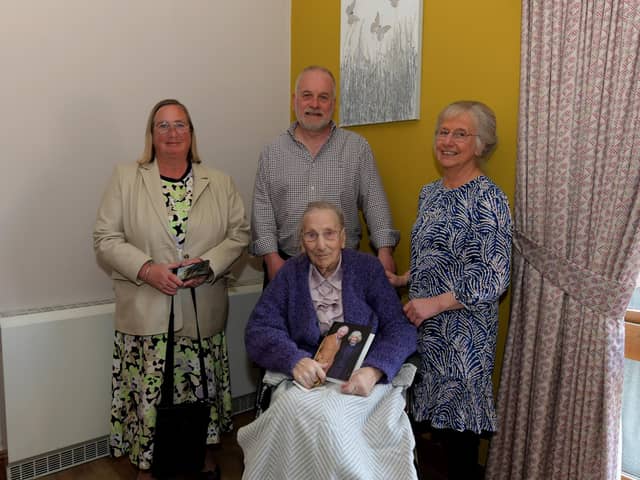 Edith Gallagher celebrates her 100th birthday her family Avril, Stephen and Margaret at Longfield Care Home, Eglinton. Photo: George Sweeney