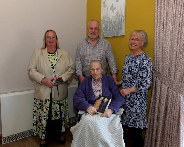 Edith Gallagher celebrates her 100th birthday her family Avril, Stephen and Margaret at Longfield Care Home, Eglinton. Photo: George Sweeney