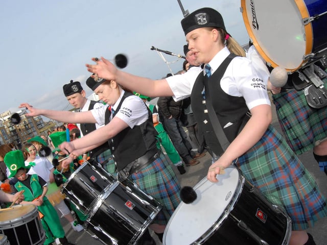 Members of the Colmcille Pipe Band pictured at the St Patrick's day Parade in Derry. 1703Ap20 