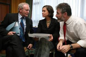 Martin McGuinness, Mary Lou McDonald and Gerry Adams in 2006.  Photo credit should read: Julien Behal/PA