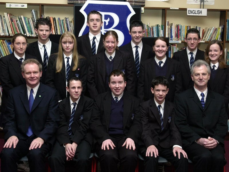 Mr. Martin McGuinness, Education for Education, and Mr. , vice-principal, pictured with Key Stage 4 Award winners. At front, from left, are Aaron Whoriskey (Art and Design), Conor McLaughlin (R.E.), and Ruben McNutt (Technology). Back, from left, are Caoimhe Kelly (P.E.), Sean Keddy (Mathematics), Aisling Quinn (Languages), Alan Ogilby (Geography), Angela McAdams (English), Conor Griffith (History), Laura Duddy (Home Economics), Mark Kelly (Drama) and Emma Gillen (Science). (1/12/CD20) : Pictured are students, staff and invited guests at the annual school prize-giving at St Brecan's High School, Top of the Hill back in the year 2000.
