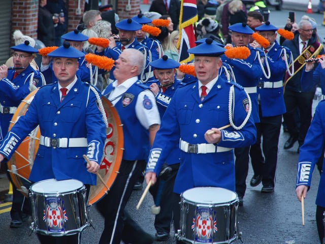 Bandsmen taking part in the 'Shutting of the Gates' demonstration on Saturday.