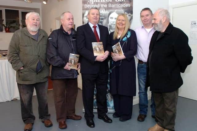 Terry Robson, on right, as Pauline McClenaghan, editor, launcheed Spirit of '68: Beyond the Barricades at the Void Gallery with, from left, Dermie McClenaghan, Martin McCay, Peter Bunting who wrote the foreword to the book, and Michael Kerrigan.