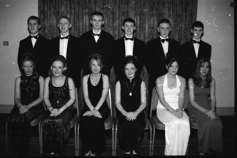 Seated, from left, Michaela Toland, Tracy Kavanagh, Fiona McDonald, Julie O'Donnell, Rosemary Harrigan and Shona McCallion. Standing, from left, Christopher Sandy, Darren McCrudden, Laurence Hamilton, Damien Dalzell, Raymond McDaid and Conor Saunders. Pictured at the St. Brigid's High School formal in January 1998.