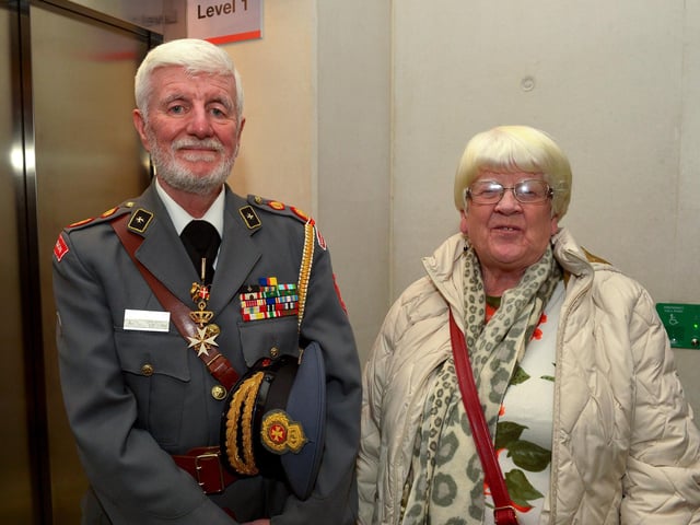 Order of Malta Commander Anthony Patterson and former member Therese McDonagh pictured at the Order of Malta Exhibition launch in the Museum of Free Derry on Monday evening last. Photo: George Sweeney. DER2305GS – 56