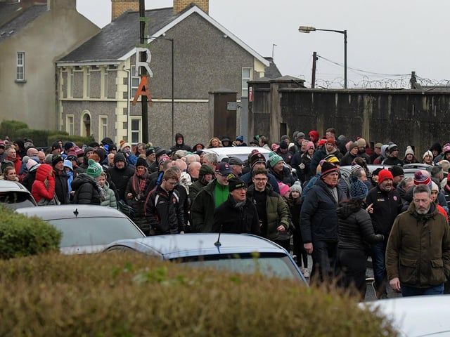 Relatives and supporters march from Free Derry Wall to Celtic Park, on Sunday afternoon, to protest against the British Government’s Legacy Bill’s lack of investigation into the deaths of Sean Brown and Patrick Kelly. Photo: George Sweeney
