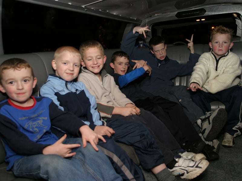 Brendan Tracey with friends Sean Treacy, Gordon Ballintine, Garth Gallagher, Damien Callen and Joshua Cooke try out the limo for size.:Derry parties from November 2003