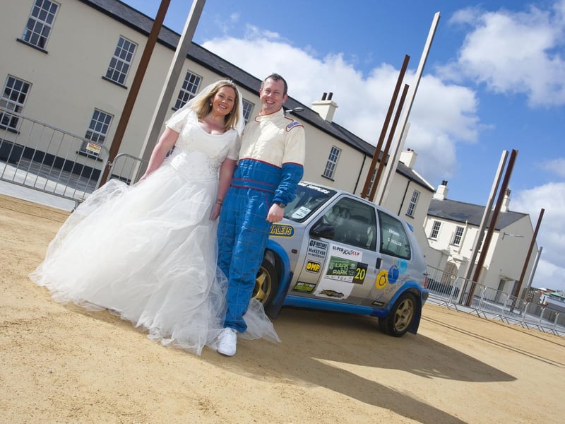 Rachel Bruce (Foyle Hospice Community Fundraiser), pictured with Co-Pilot Martin Collins, at the Lark In The Park, held in St Columbs Park, ahead of the Guiness World Record attempt of Brides Across The Bridge. (Pic: Glenn McIntyre)