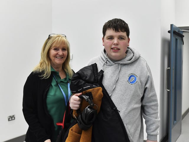 Classroom Assistant Terri McGlynn with Daniel at the newly opened Ardnashee School and College Northland Academy, on Northland Road, on Monday morning. Photo: George Sweeney