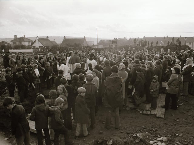Laying the foundation stone at the new Our lady of Lourdes church.