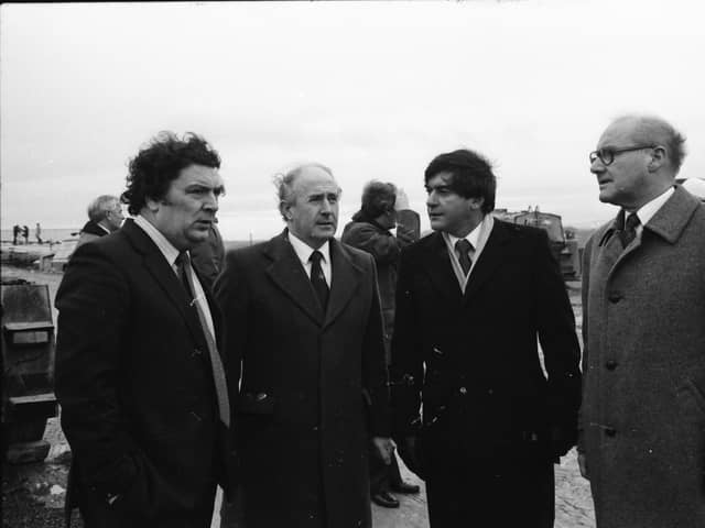 SDLP Leader John Hume with construction firm representatives and dignitaries during a visit by the European Commissioner for European Commissioner for Taxation, Consumer Affairs, Transport and Parliamentary Relations,  and Inter-institutional Relations and Administration, Richard Burke.