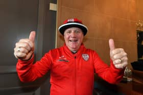 Derry City fan Karl Dunnion pictured at the Brunswick Moviebowl  ahead of the live screening of the candystripes’ Europe Conference League away to FCB Magpies on Thursday evening. Photo: George Sweeney