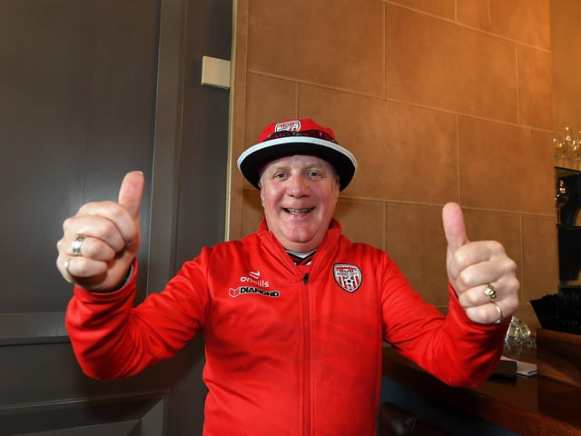 Derry City fan Karl Dunnion pictured at the Brunswick Moviebowl  ahead of the live screening of the candystripes’ Europe Conference League away to FCB Magpies on Thursday evening. Photo: George Sweeney