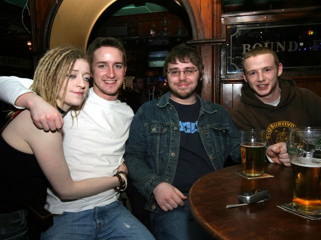 Tracey, Michael, Joe and John smile for the camera at The Bound for Boston Bar 0006JML