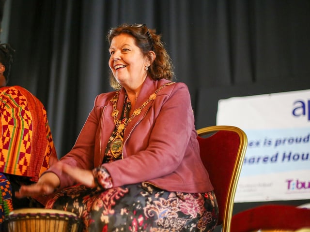 Mayor of Derry City & Strabane, Cllr Patricia Logue, has a go at African drumming at the event.