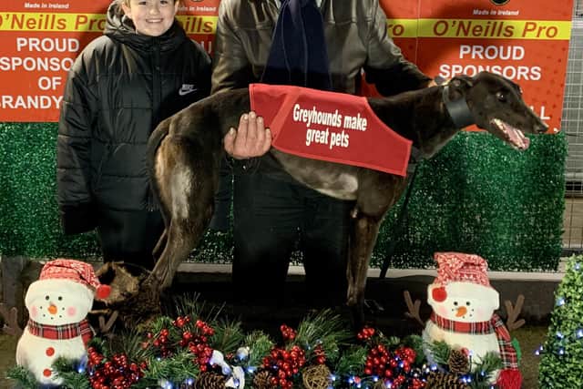 'Beanos Snowflake' who won the Nora Watson Memorial 500 in 28.15 with owner Colm Sweeney and Katie McClelland representing sponsors, Graham and Jayne Watson.