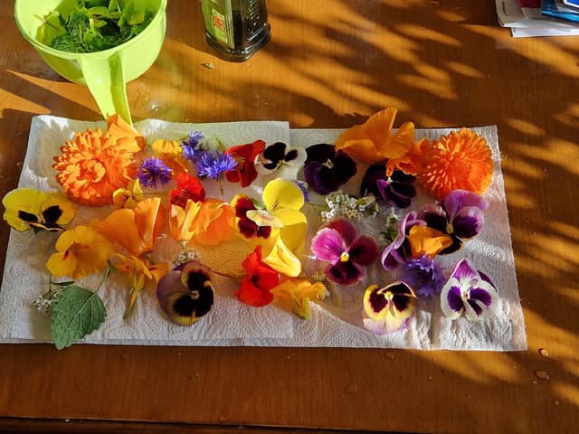 The edible flowers I am using in the salad.