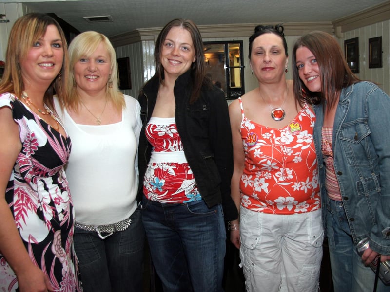 Cathy, Rosemary, Dawn, birthday girl Geraldine and Annie smile for the camera at Dukes Bar 0615JML