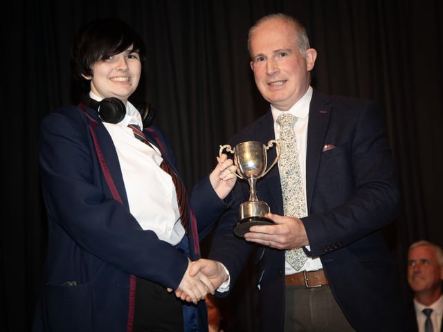 Megan Hasson, receiving the Music Award from Head of Year David Middelton at the Oakgrove Senior Prizegiving. Megan also was the recipient of the Carson Prize for an Amazing Composition during her GCSE Music Course.