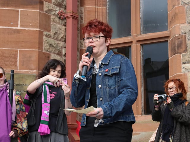 Irish language activist, Annie speaking at the rally in Guildhall Square. (Photo - Deirdre Heaney, nwpresspics)