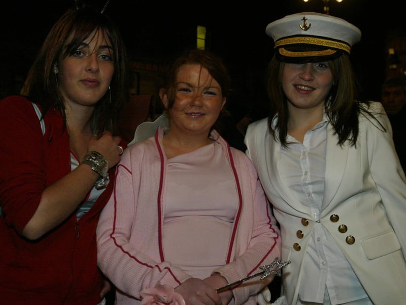 Kathryn Doherty, Olivia O'Kane and Aine McLaughlin.  (0311JB23)  :20 YEARS ON: Halloween celebrations in Derry in 2003