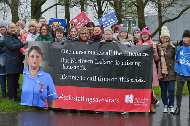 Nurses from the Royal College of Nursing union strike at Altnagelvin Hospital back in 2019. DER5119GS - 007