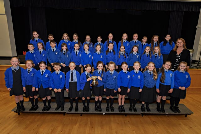 Nazareth House Primary School winners of the Two Part Choir Feis Cup and Bursary at the Feis Dhoire Cholmcille Choral Competitions held in St Mary’s College. Included in the photograph is teacher Mrs Joanna Higgins. Photo: George Sweeney