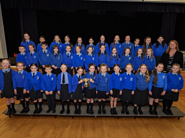 Nazareth House Primary School winners of the Two Part Choir Feis Cup and Bursary at the Feis Dhoire Cholmcille Choral Competitions held in St Mary’s College. Included in the photograph is teacher Mrs Joanna Higgins. Photo: George Sweeney