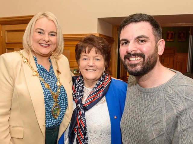 The Mayor Councillor Sandra Duffy welcomed members of the Order of Malta to the Guildhall where she presented the organisation with commemorative crystal in recognition of their contribution across the Derry City and Strabane District Council area. Pictured are Eibhlin Lafferty and author Jude Morrow. Picture Martin McKeown. 06.02.23:Mayor of Derry City and Strabane District Council’s reception for Knights of Malta in the Mayor’s Parlour, Guildhall on Monday 6th February.