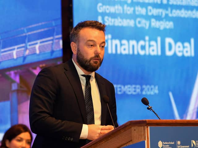 Colum Eastwood MP, speaking at the Signing of the Financial Deal for Derry and Strabane region at the Guildhall on Wednesday morning. Photo: George Sweeney