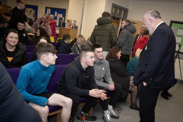 Foundation CEO John Shiels in conversation with prospective students TJ Edgar, Adam Courtney and Rhys Gallagher on Thursday night at St. Joseph's Boys School.