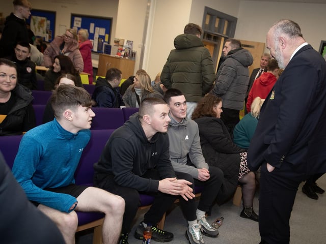 Foundation CEO John Shiels in conversation with prospective students TJ Edgar, Adam Courtney and Rhys Gallagher on Thursday night at St. Joseph's Boys School.