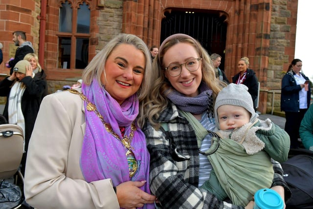 Fifteen months old Casey and his mum Jessica Clarke pictured with Mayor Sandra Duffy at the  North West BAPS project gathering in Guildhall Square on Wednesday to mark World Best Feeding in Public Day. Photo: George Sweeney. DER2308GS – 81