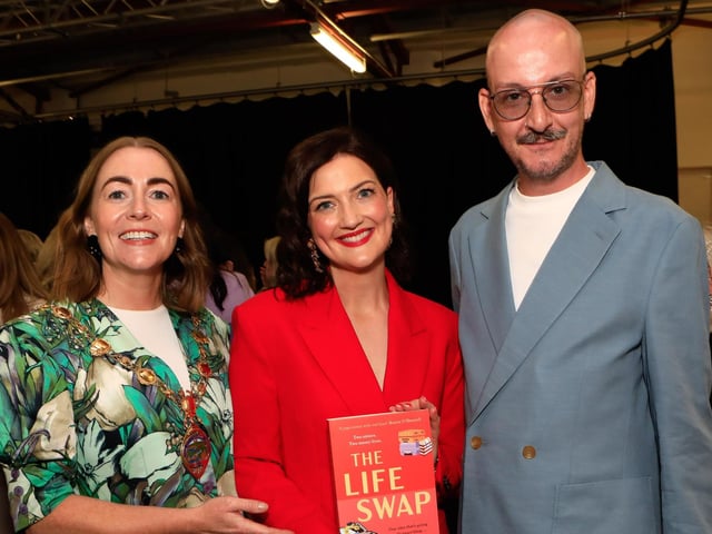 Jeananne Craig, author with Mayor Grace Uí Niallais and Joseph Carlin, at the launch of her first novel, published by Hachette Books Ireland, “The Life Swap”. (Photo - Tom Heaney, nwpresspics)
