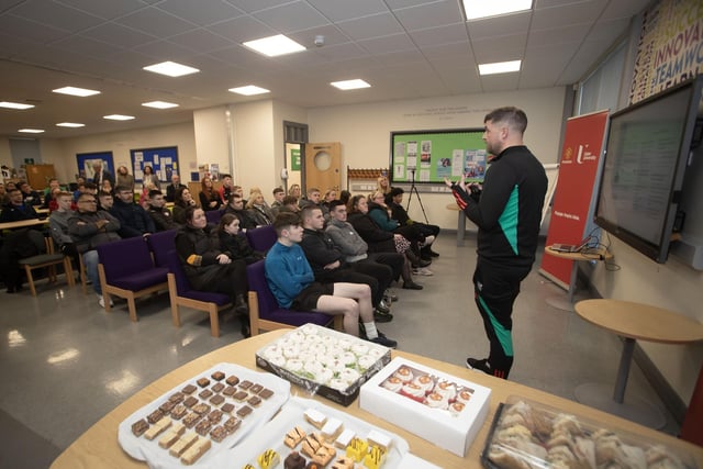 Manchester United Foundation's Education and Employment Manager Ciaran Donnelly addressing the attendance at Thursday's launch in St. Joseph's Boys School.