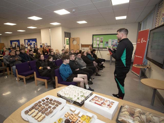 Manchester United Foundation's Education and Employment Manager Ciaran Donnelly addressing the attendance at Thursday's launch in St. Joseph's Boys School.