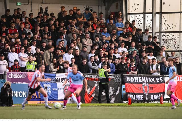 Bohemians supporters during the SSE Airtricity Men's Premier Division match between Derry City and Bohemians at The Ryan McBride Brandywell Stadium