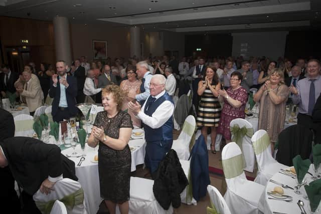 Gerry 'Doc' Doherty receives a standing ovation after receiving a special award at the Foyle Harps 100th anniversary celebrations at the City Hotel in 2016.