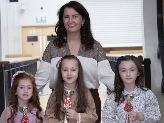 P3 Pupils Aoibhe Gilmore, Emme Gilfillan Layla McLaughlin pictured with teacher Blathnaid Biddle at Saturday's Foyle School of Speech and Drama Annual Charity Feis in aid of the Foyle Hospice. (Photos: Jim McCafferty Photography) : Foyle School of Speech and Drama's fantastic annual charity feis for the Foyle Hospice