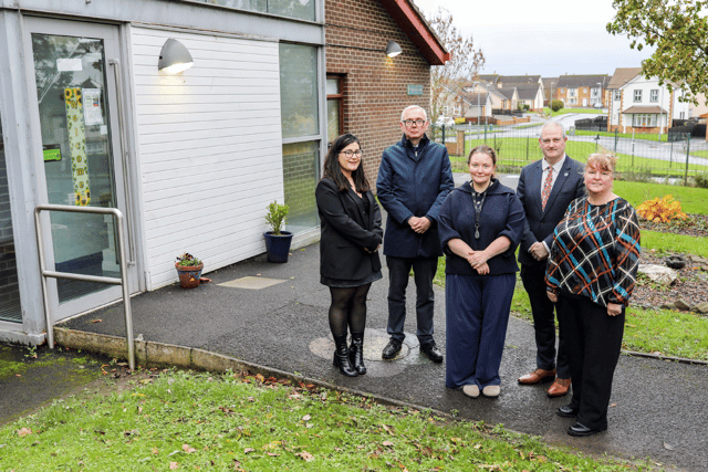 St. Columba's PS PTA head Orla Ferguson, Chair of the Board of Governors Gareth McFadden, St. Columba's Principal Tina Lyons, SDLP Councillor Martin Reilly and DUP Alderman Niree McMorris.