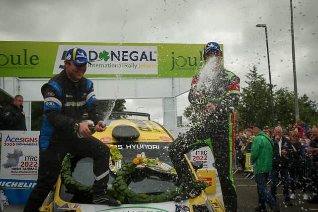 2022 Winners Josh Moffett and Andy Hayes celebrate their Donegal International Rally victory. (Photo: Jonathan Curran)