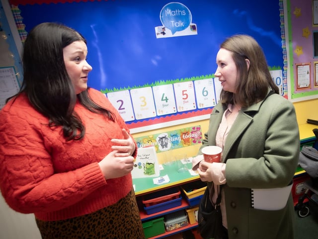 Primary 1 teacher Mrs. Gallen in conversation with one of the parents during Open Day at the Model PS on Monday.